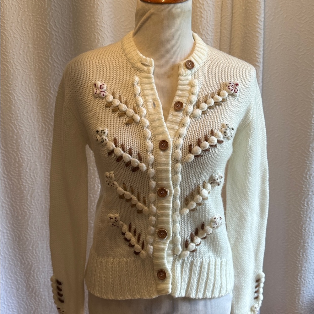 Vintage Hand Knit Cream Cardigan with Embroidered Details - Picture 2 of 7